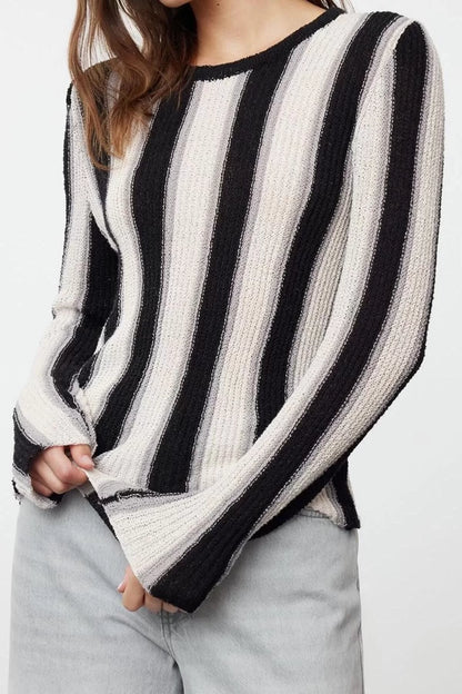 Women Fashion Stylish Crew Neck Standard Sleeve Regular Cotton Color Block Thin Knit Sweater