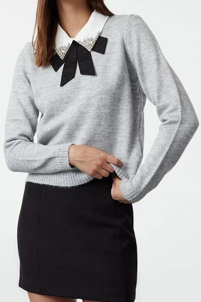 Women's Fashion Stylish Polo Collar Standard Sleeve Regular Soft Textured Garnished Ribbon Stone Knitwear Sweater