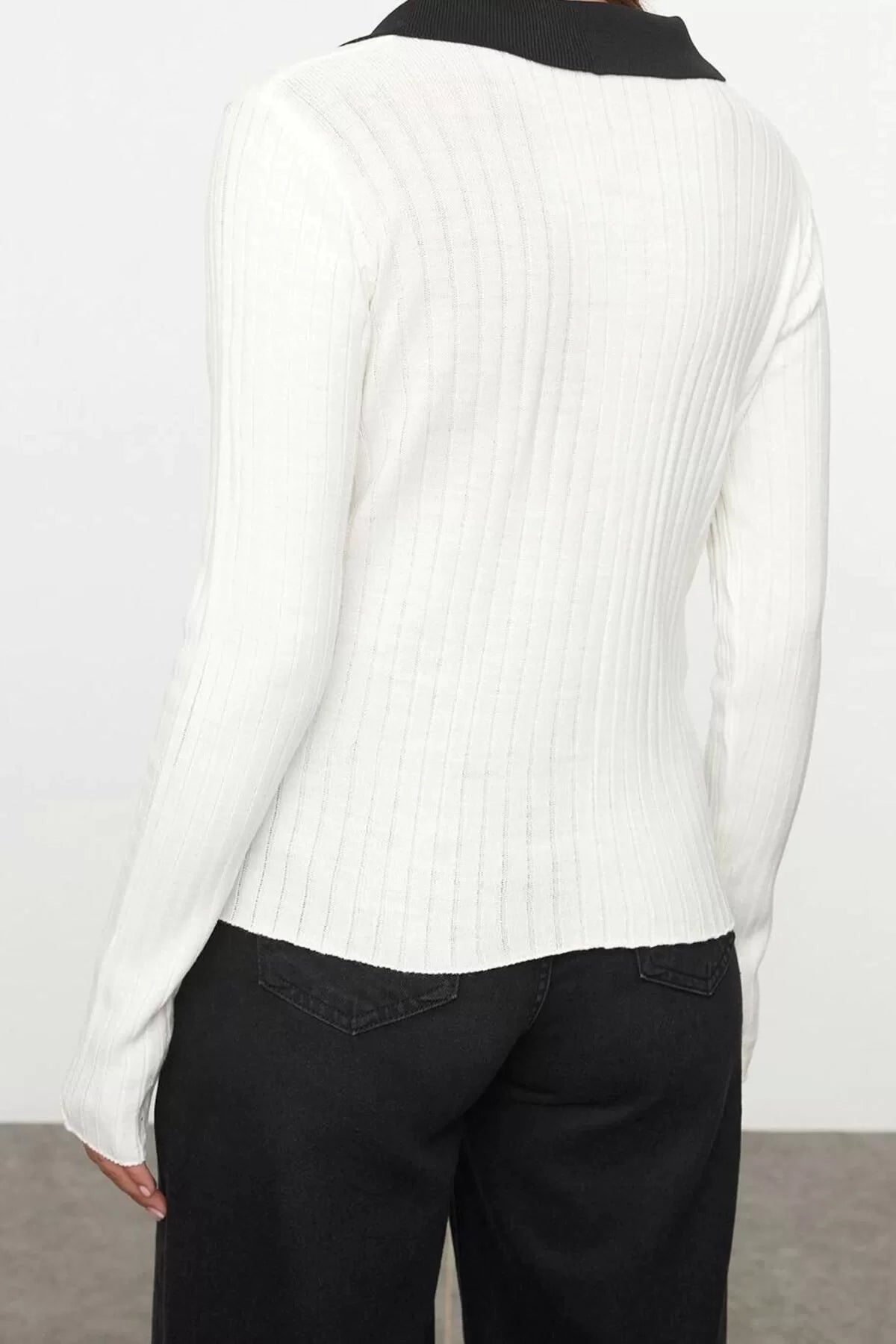 Women Fashion Stylish Polo Neck Standard Sleeve Regular Color Block Knitwear Sweater