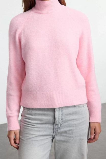 Women Fashion Stylish Stand Collar Raglan Sleeve Regular Wool Knitted Sweater