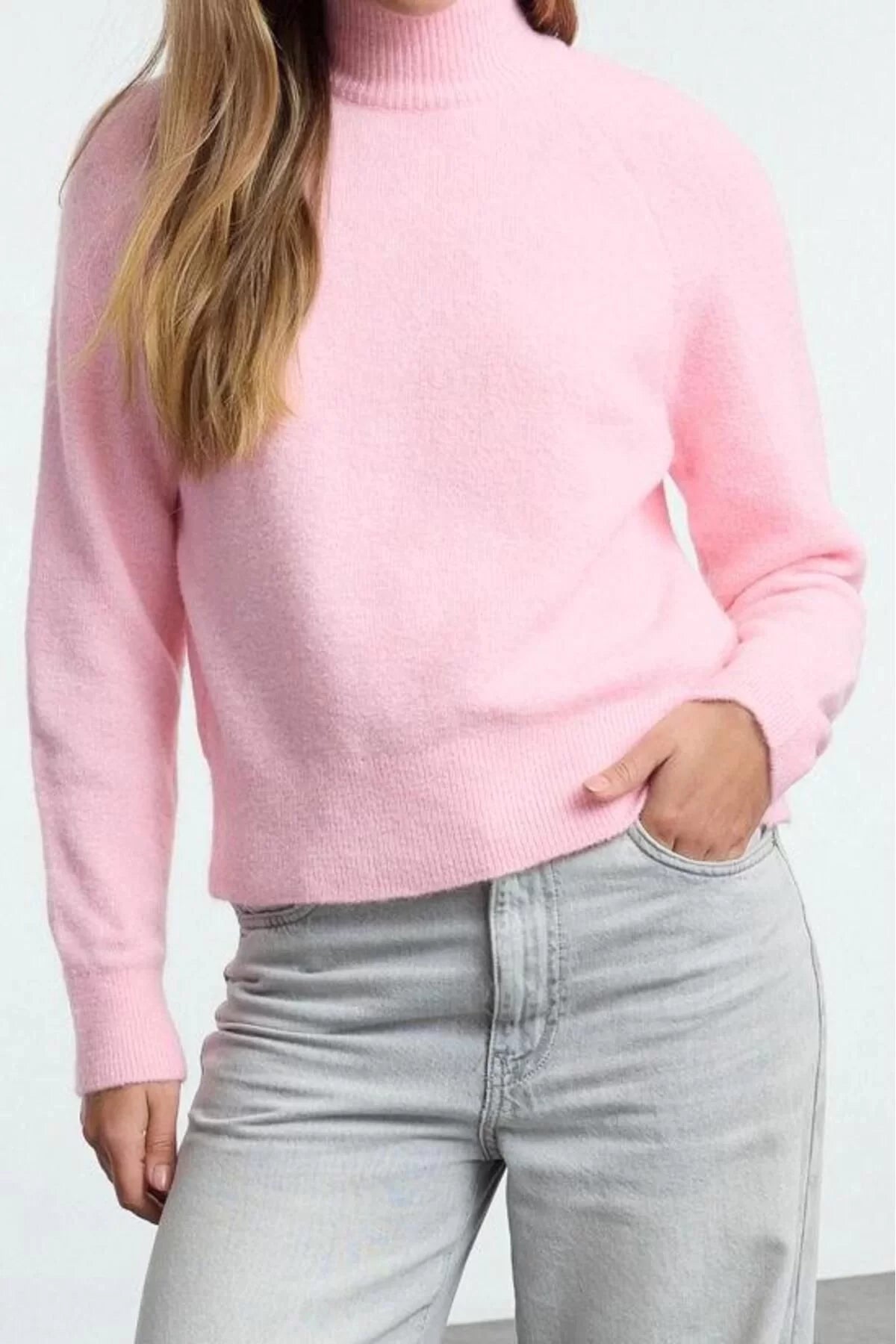 Women Fashion Stylish Stand Collar Raglan Sleeve Regular Wool Knitted Sweater