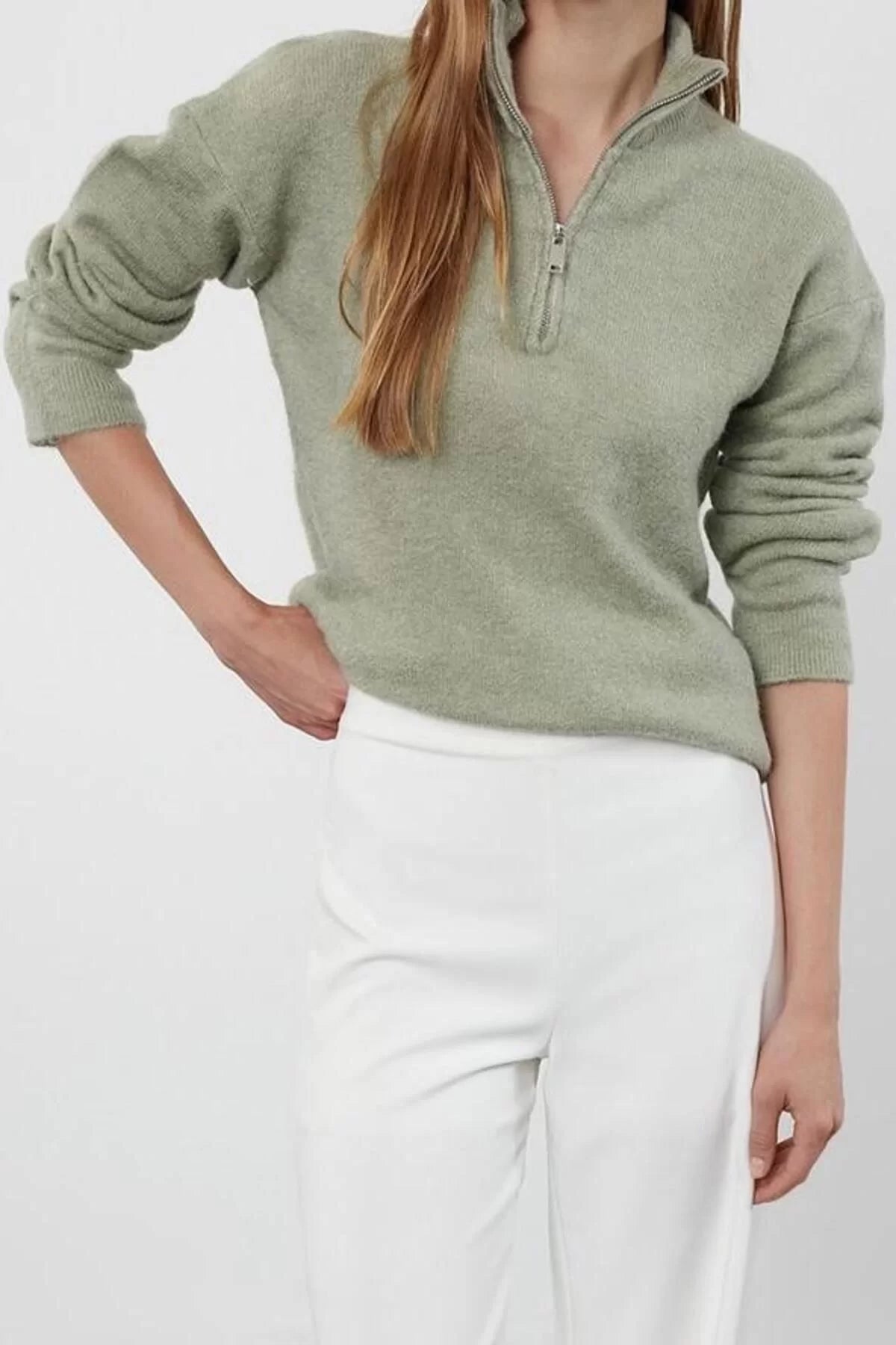 Women Fashion Stylish Stand Collar Standard Sleeve Regular Woolen Zipper Knitwear Sweater