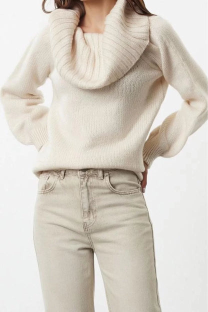 Women's Fashion Stylish Cowl Neck Standard Sleeve Long Wide Pattern Soft Texture Knitwear Sweater