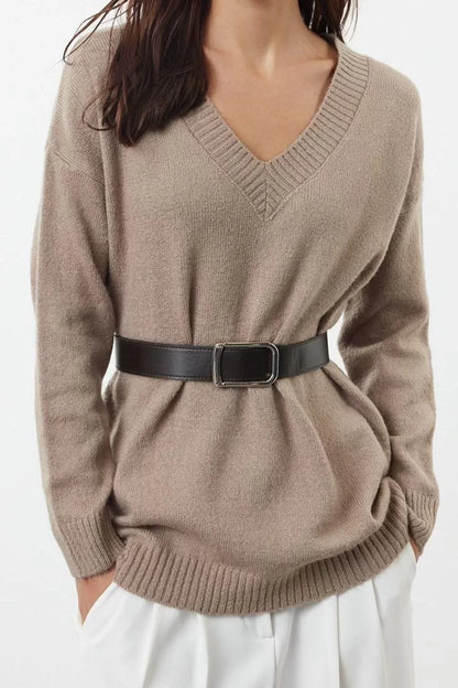 Women's Fashion Stylish V Neck Standard Sleeve Long Wide Pattern Belted Soft Texture Knitwear Sweater