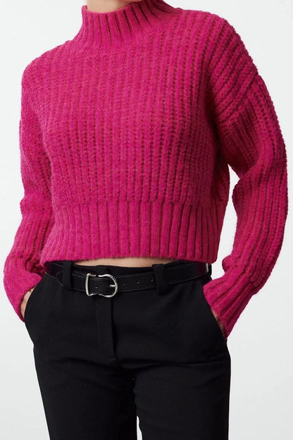 Women's Fashion Stylish Stand Collar Standard Sleeve Crop Soft Textured Basic Thick Knit Detailed Knitwear Sweater