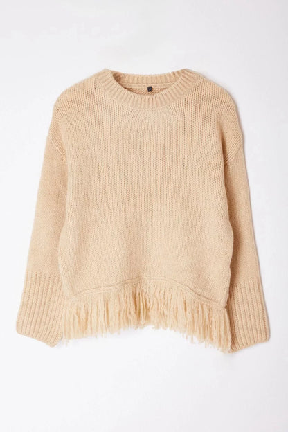 Women's Fashion Stylish Crew Neck Standard Sleeve Regular Soft Texture Tassel Detailed Knitwear Sweater