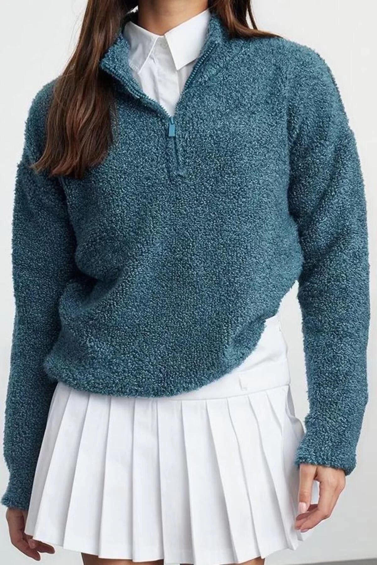 Women Fashion Stylish Stand Collar Standard Sleeve Regular Boucle Yarn Zippered Knitwear Sweater