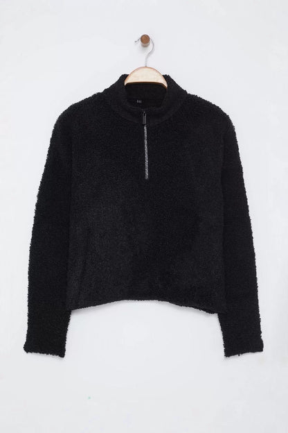 Women Fashion Stylish Stand Collar Standard Sleeve Regular Boucle Yarn Zippered Knitwear Sweater