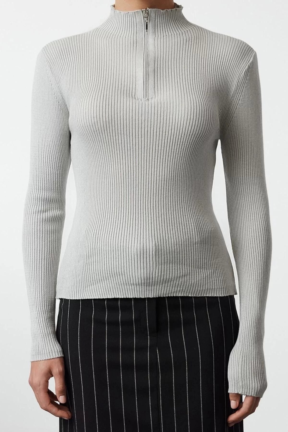 Women Fashion Stylish Stand Collar Standard Sleeve Regular Cotton Blend Couple Zipper Thin Knitwear Sweater