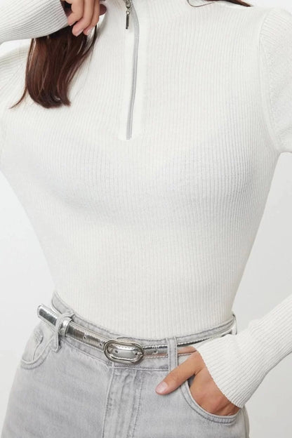 Women Fashion Stylish Stand Collar Standard Sleeve Regular Cotton Blend Couple Zipper Thin Knitwear Sweater