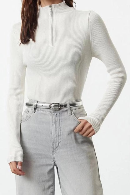 Women Fashion Stylish Stand Collar Standard Sleeve Regular Cotton Blend Couple Zipper Thin Knitwear Sweater