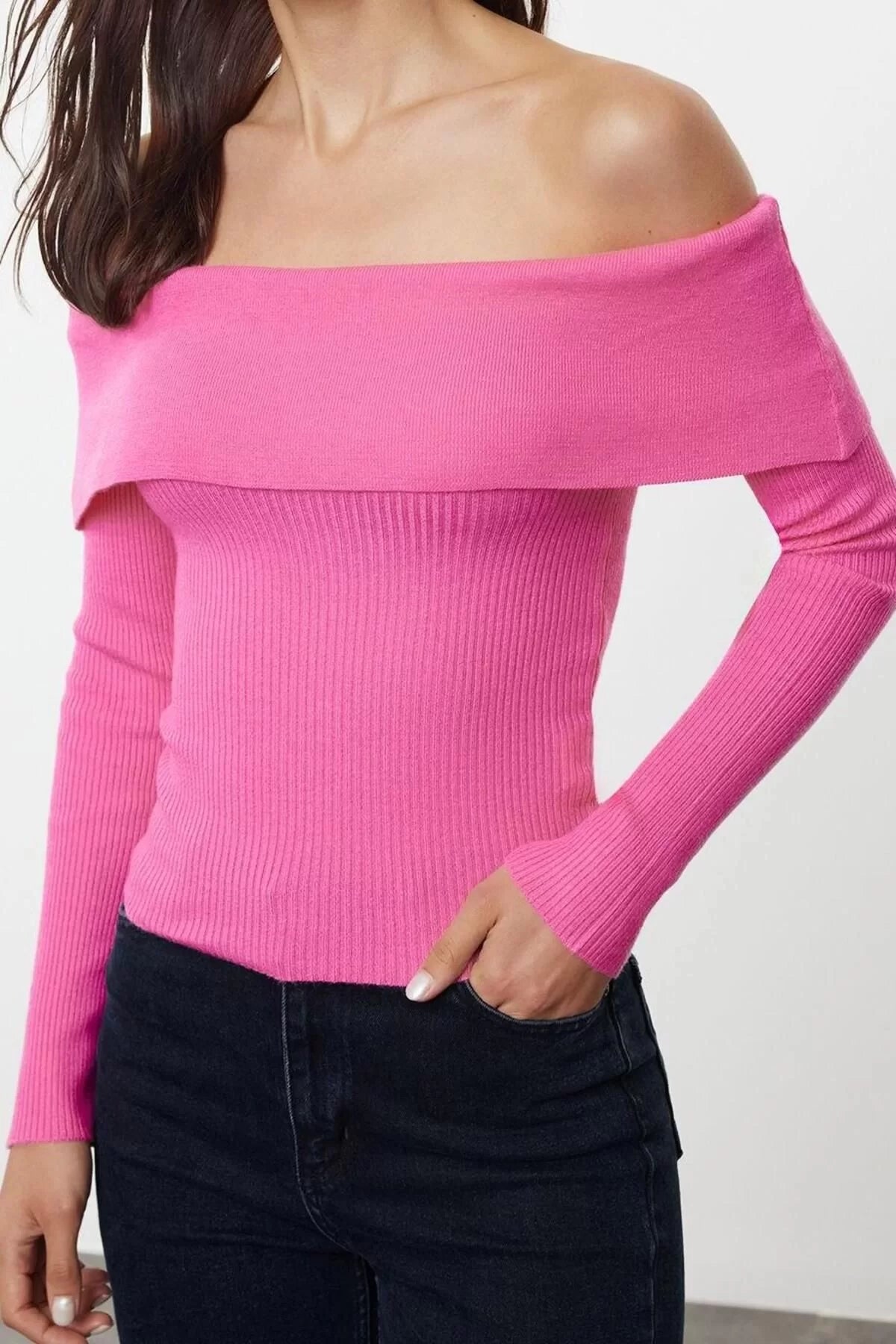 Women Fashion Stylish Carmen Collar Low Sleeve Regular Special Yarn Knitwear Sweater