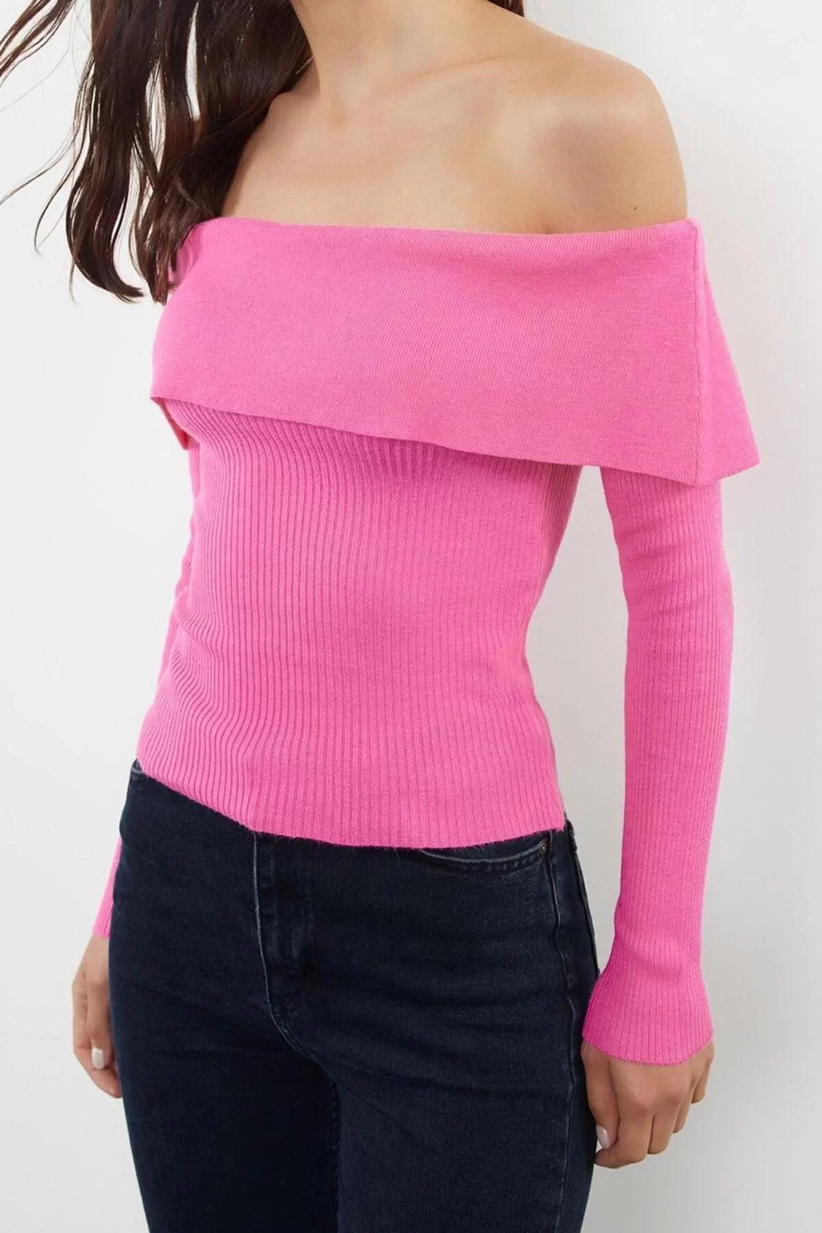 Women Fashion Stylish Carmen Collar Low Sleeve Regular Special Yarn Knitwear Sweater