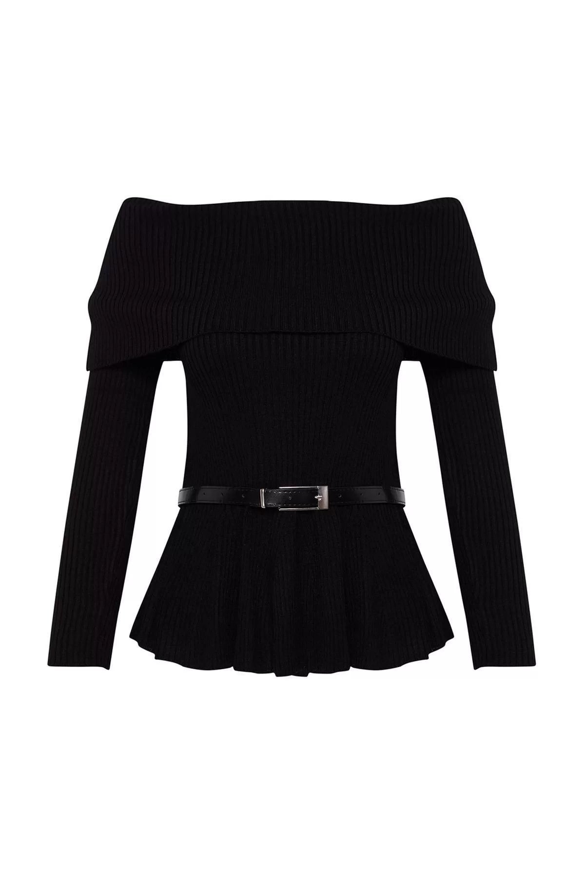 Women Fashion Stylish Carmen Collar Standard Sleeve Long Belted Knitwear Sweater