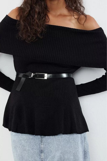 Women Fashion Stylish Carmen Collar Standard Sleeve Long Belted Knitwear Sweater