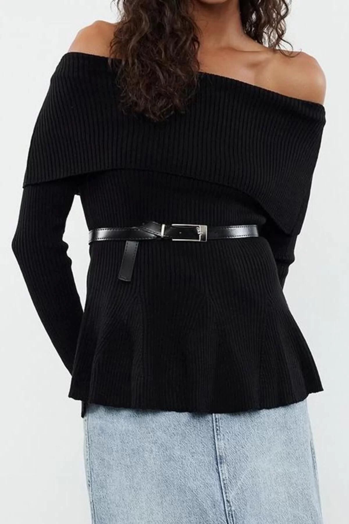 Women Fashion Stylish Carmen Collar Standard Sleeve Long Belted Knitwear Sweater