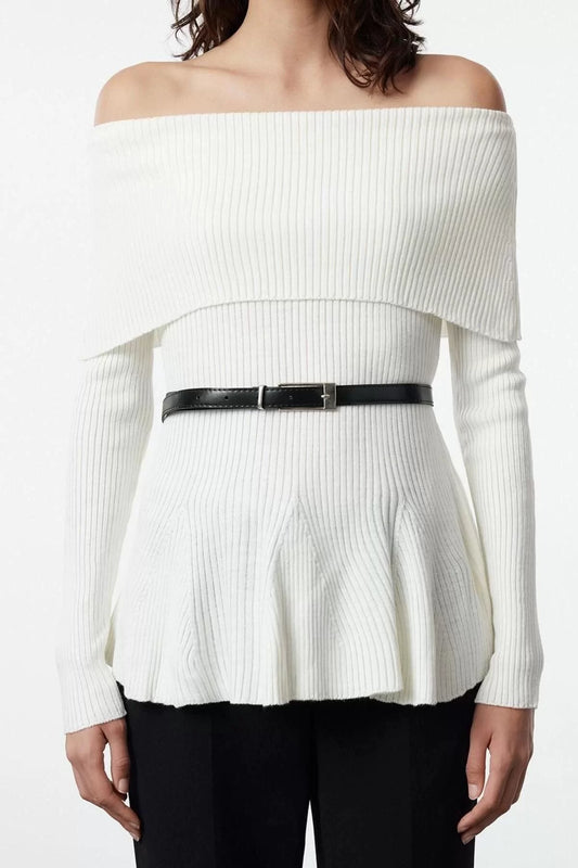 Women Fashion Stylish Carmen Collar Standard Sleeve Long Belted Knitwear Sweater