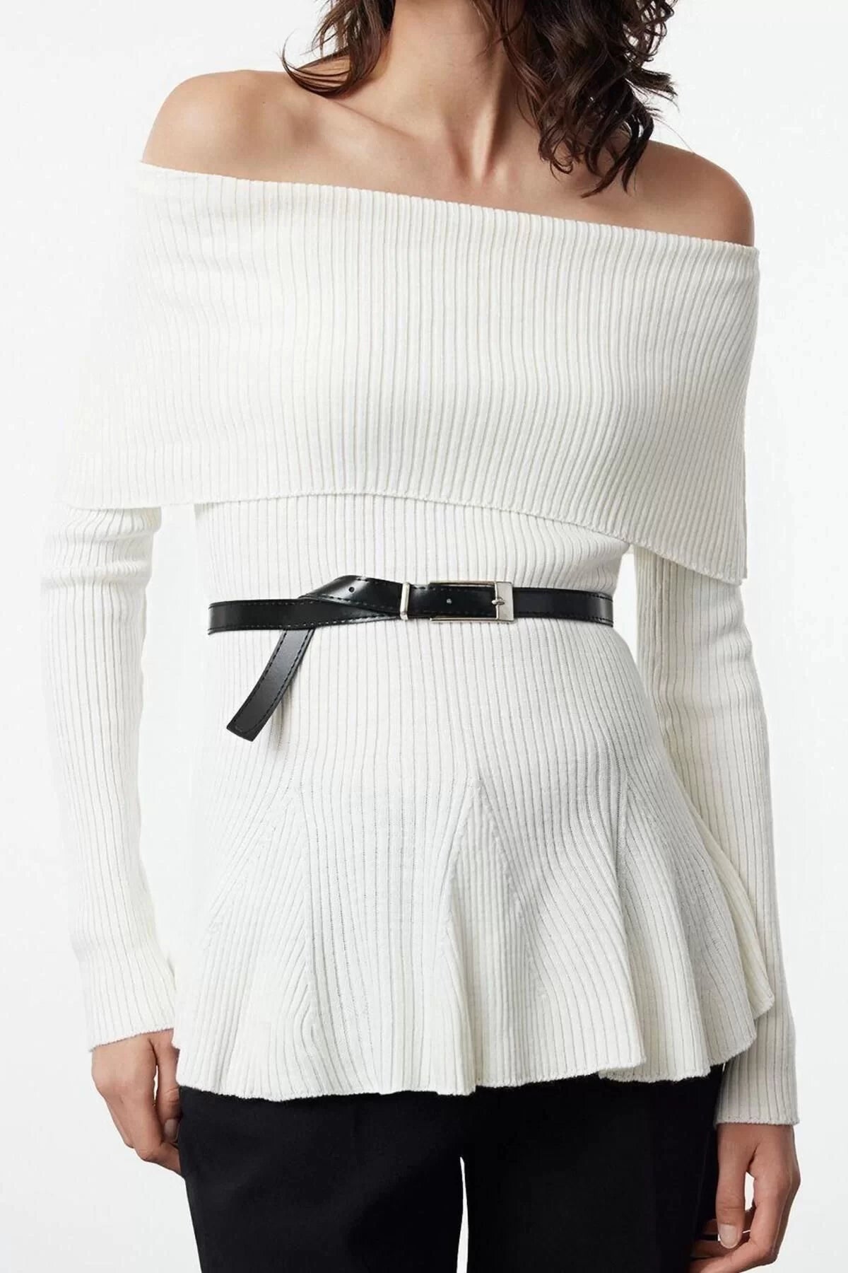 Women Fashion Stylish Carmen Collar Standard Sleeve Long Belted Knitwear Sweater