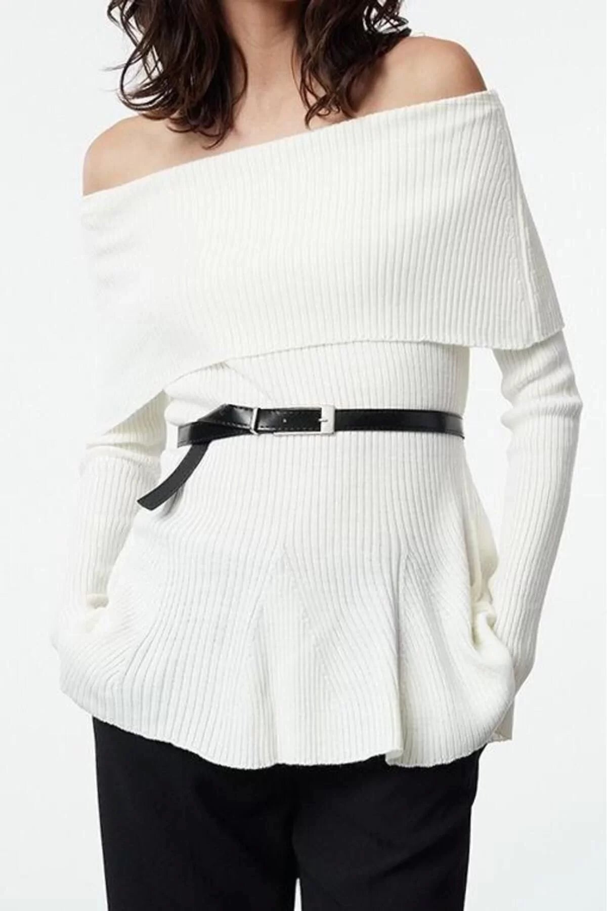 Women Fashion Stylish Carmen Collar Standard Sleeve Long Belted Knitwear Sweater