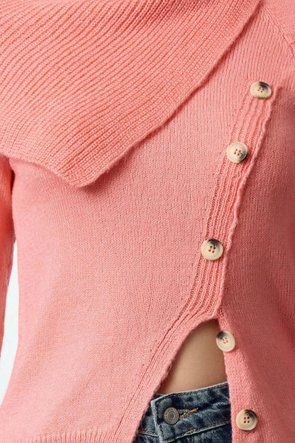 Women's Fashion Stylish Turn-down Collar Standard Sleeve Regular Asymmetric Button Detail Soft Texture Knitwear Sweater