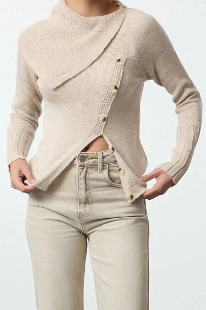 Women's Fashion Stylish Turn-down Collar Standard Sleeve Regular Asymmetric Button Detail Soft Texture Knitwear Sweater