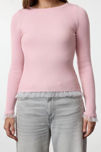 Women's Fashion Stylish Boat Neck Standard Sleeve Regular Tulle Detailed Thin Knitwear Sweater