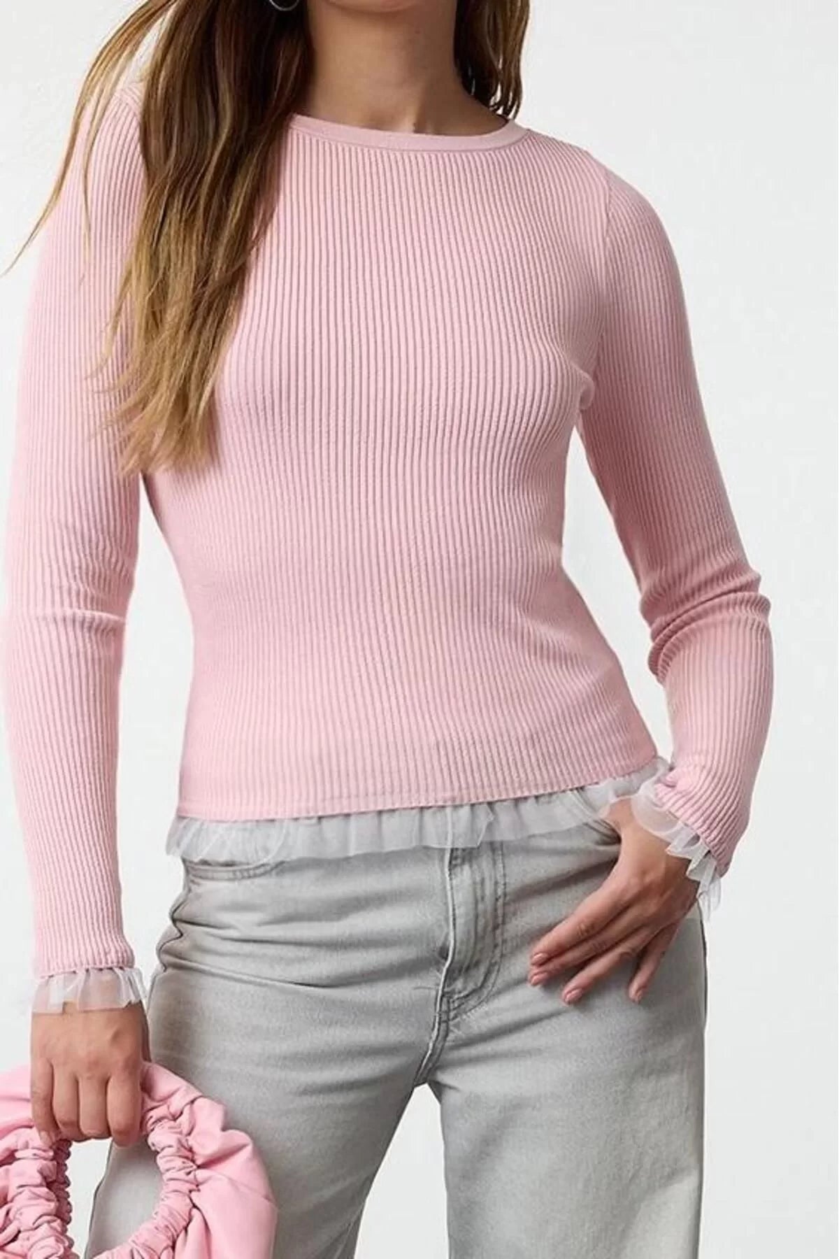 Women's Fashion Stylish Boat Neck Standard Sleeve Regular Tulle Detailed Thin Knitwear Sweater