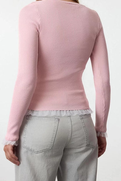 Women's Fashion Stylish Boat Neck Standard Sleeve Regular Tulle Detailed Thin Knitwear Sweater