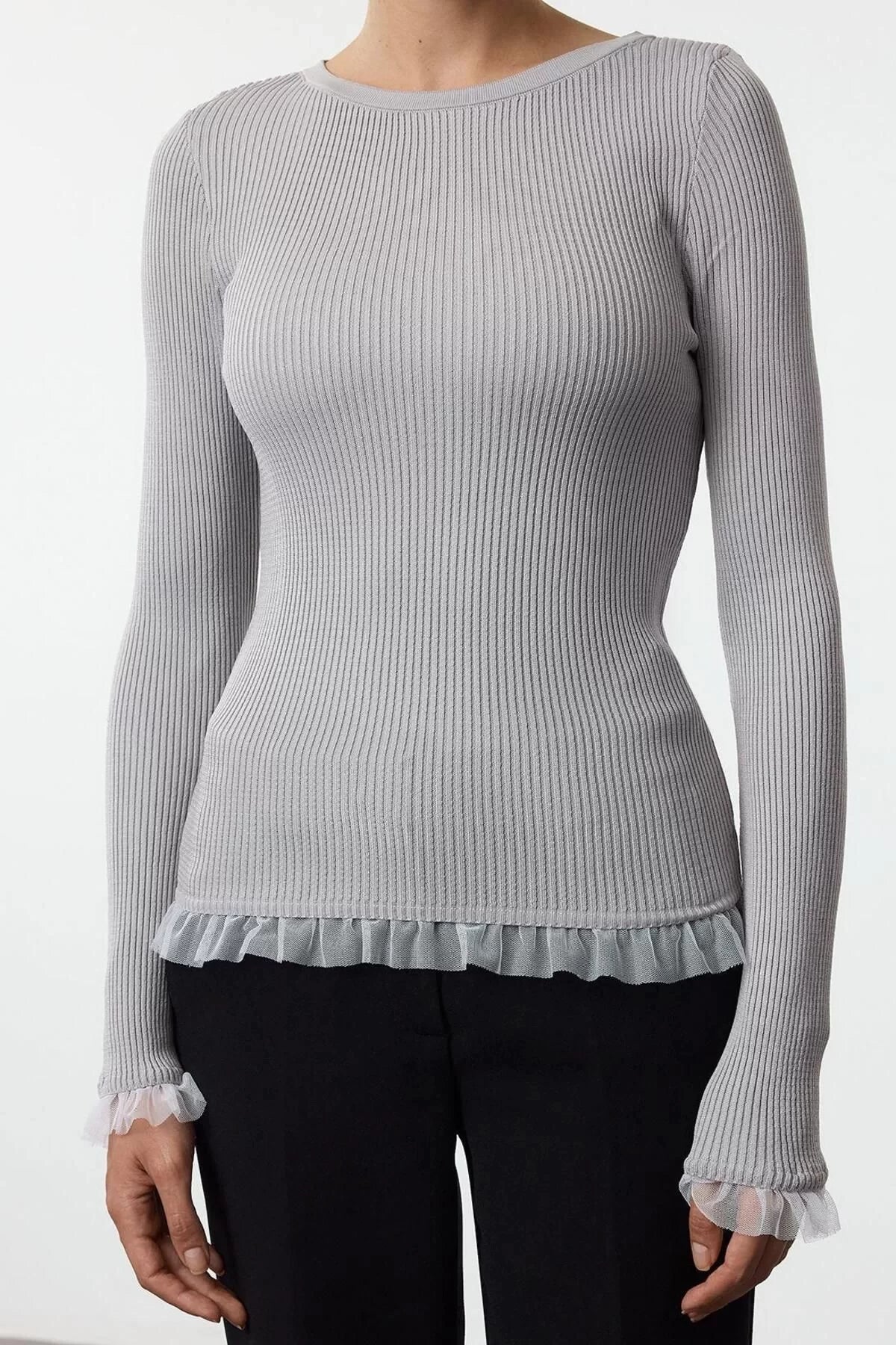 Women's Fashion Stylish Boat Neck Standard Sleeve Regular Tulle Detailed Thin Knitwear Sweater