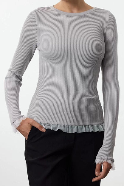 Women's Fashion Stylish Boat Neck Standard Sleeve Regular Tulle Detailed Thin Knitwear Sweater