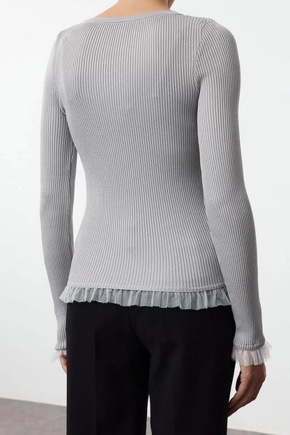 Women's Fashion Stylish Boat Neck Standard Sleeve Regular Tulle Detailed Thin Knitwear Sweater