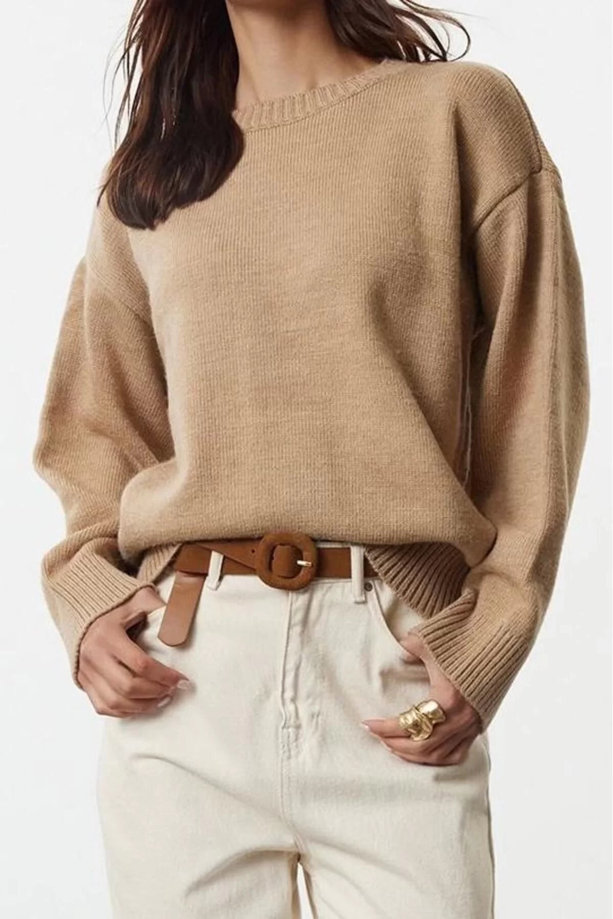 Women's Fashion Stylish Crew Neck Standard Sleeve Regular Wide Pattern Soft Texture Knitwear Sweater