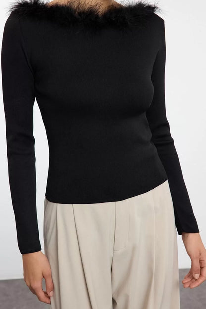 Women Fashion Stylish Carmen Collar Standard Sleeve Regular Collar Detailed Knitwear Sweater