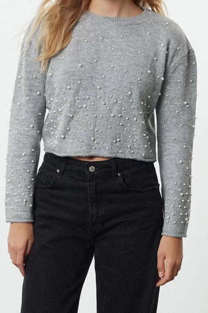 Women Fashion Stylish Crew Neck Standard Sleeve Regular Soft Texture Crop Stone Knitwear Sweater