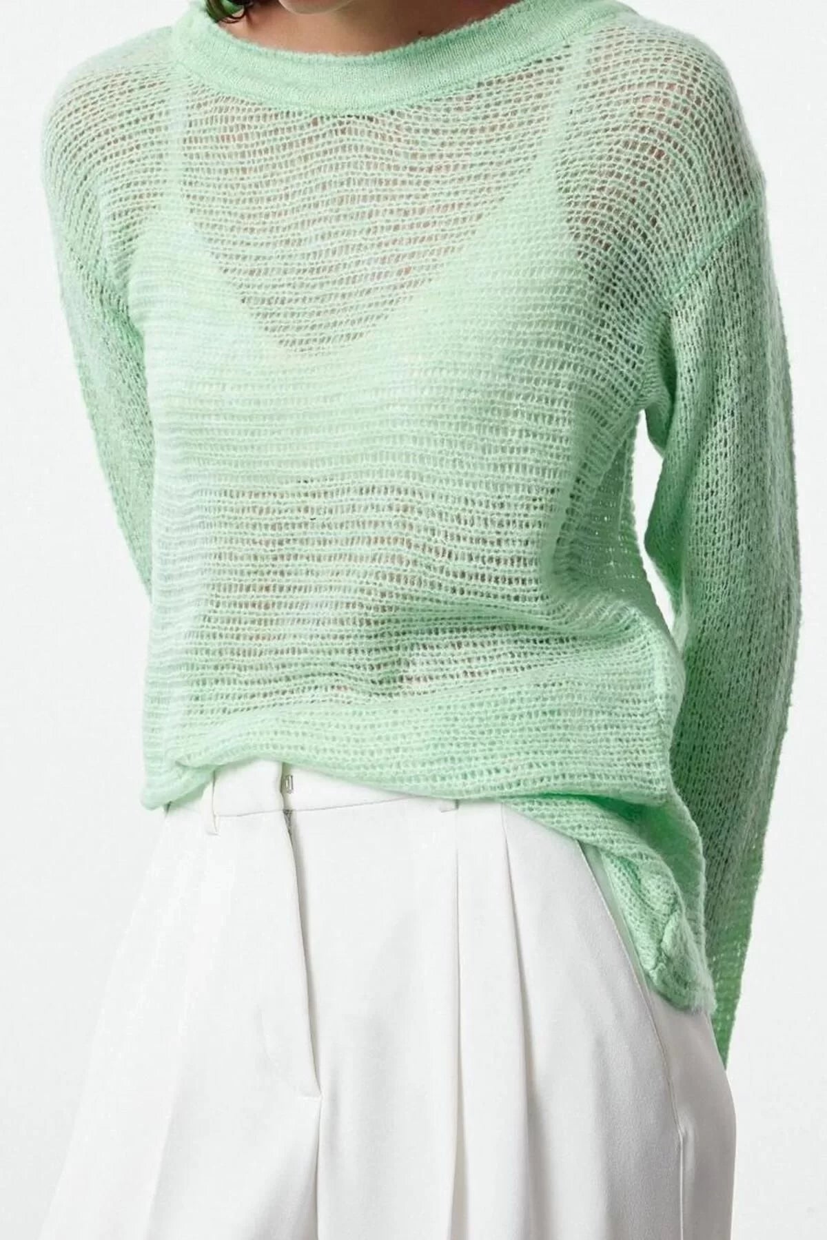 Women Fashion Stylish Boat Neck Standard Sleeve Regular Transparent Knitwear Sweater