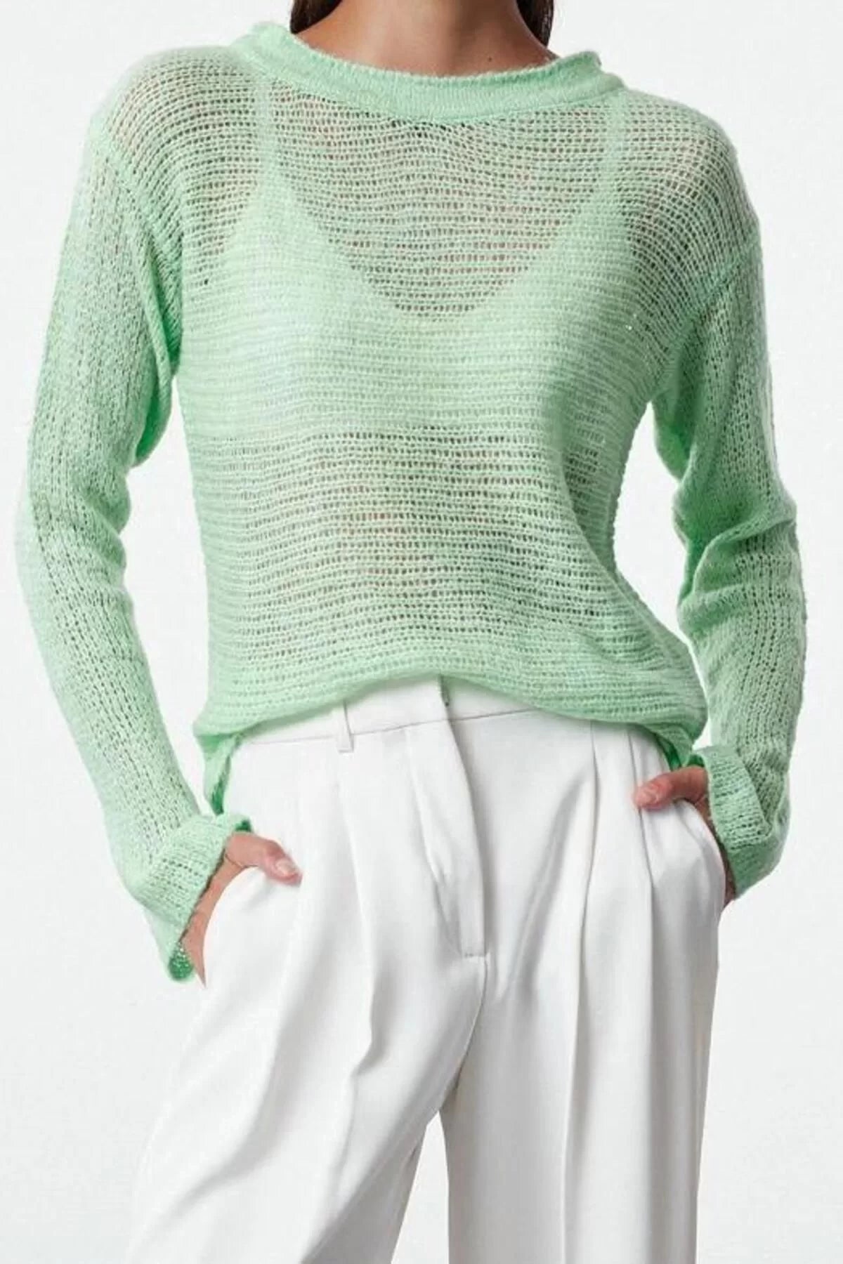 Women Fashion Stylish Boat Neck Standard Sleeve Regular Transparent Knitwear Sweater