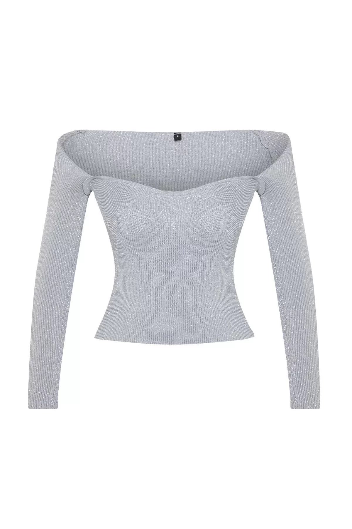 Women Fashion Stylish Heart Neck Standard Sleeve Regular Glittery Yarn Knitwear Sweater