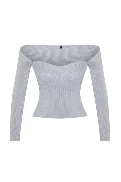 Women Fashion Stylish Heart Neck Standard Sleeve Regular Glittery Yarn Knitwear Sweater