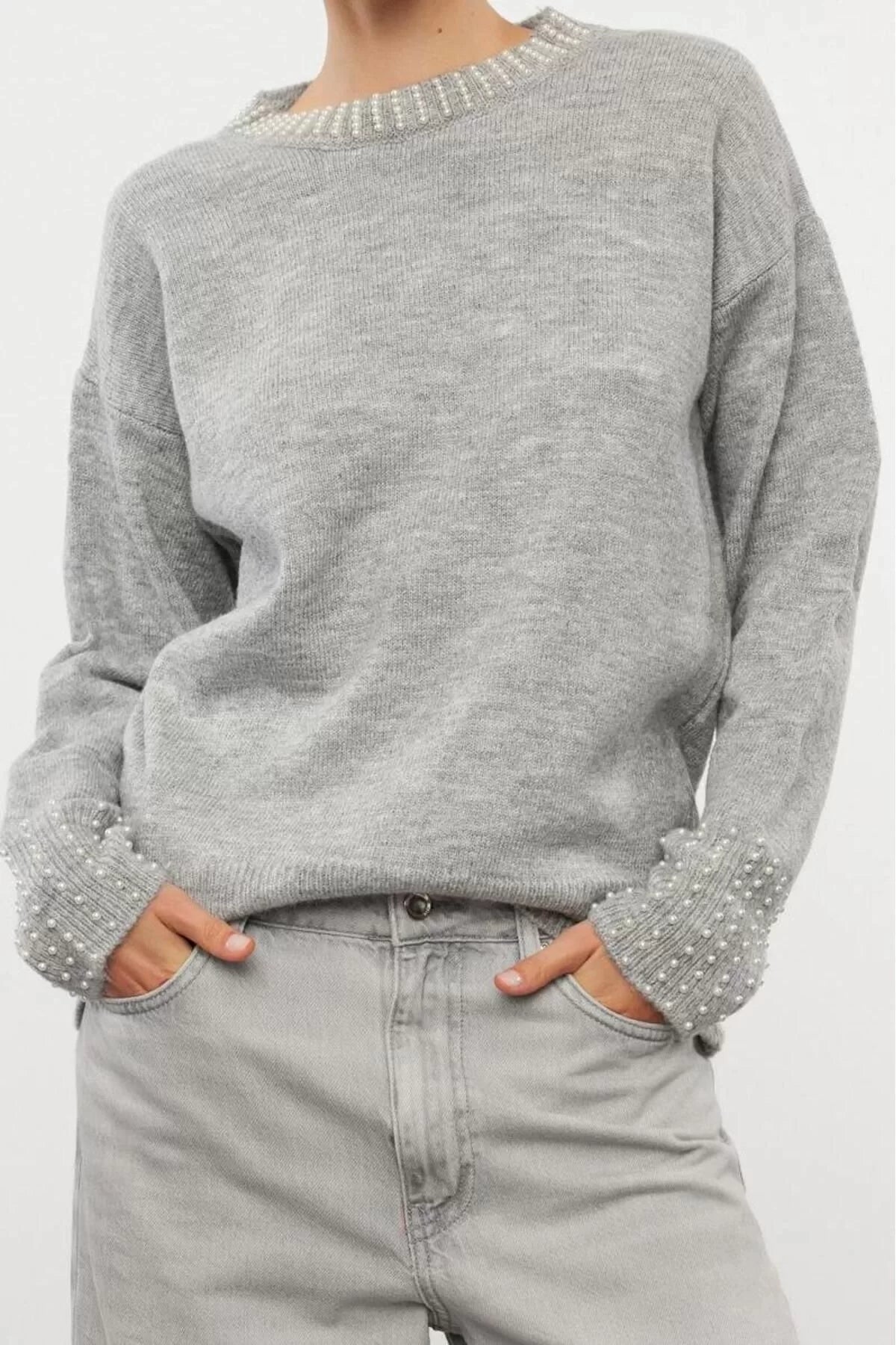 Women Fashion Stylish Crew Neck Standard Sleeve Regular Soft Texture Stone Knitted Sweater