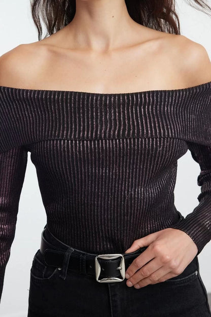 Women Fashion Stylish Carmen Collar Standard Sleeve Regular Gilded Knitwear Sweater