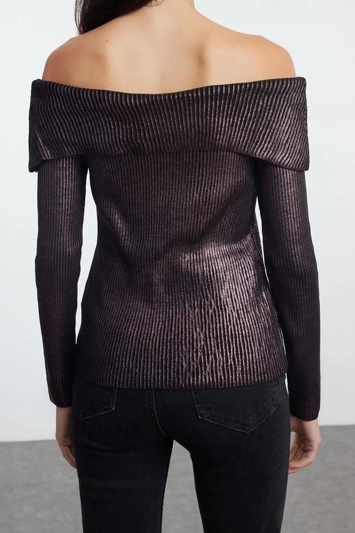 Women Fashion Stylish Carmen Collar Standard Sleeve Regular Gilded Knitwear Sweater