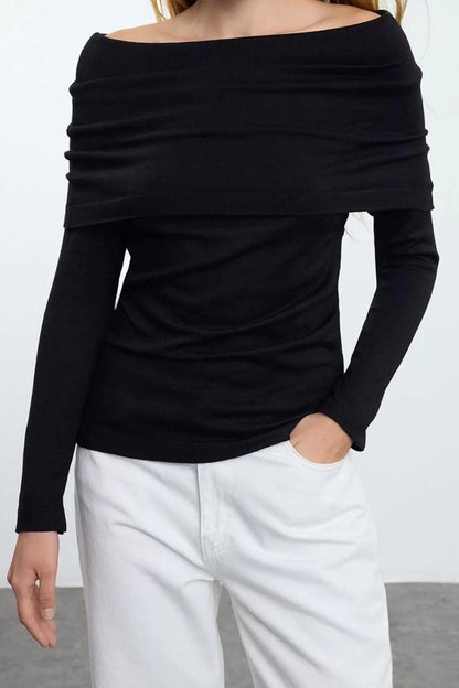 Women Fashion Stylish Carmen Collar Low Sleeve Regular Special Yarn Knitwear Sweater