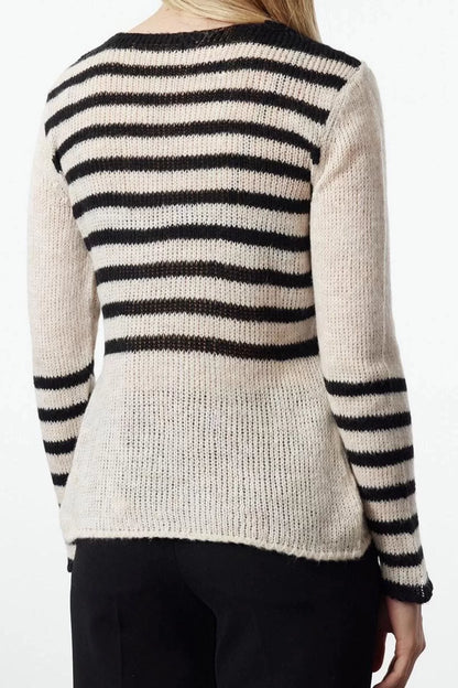 Women Fashion Stylish V Neck Regular Sleeve Soft Textured Loose Knit Striped Knitwear Sweater