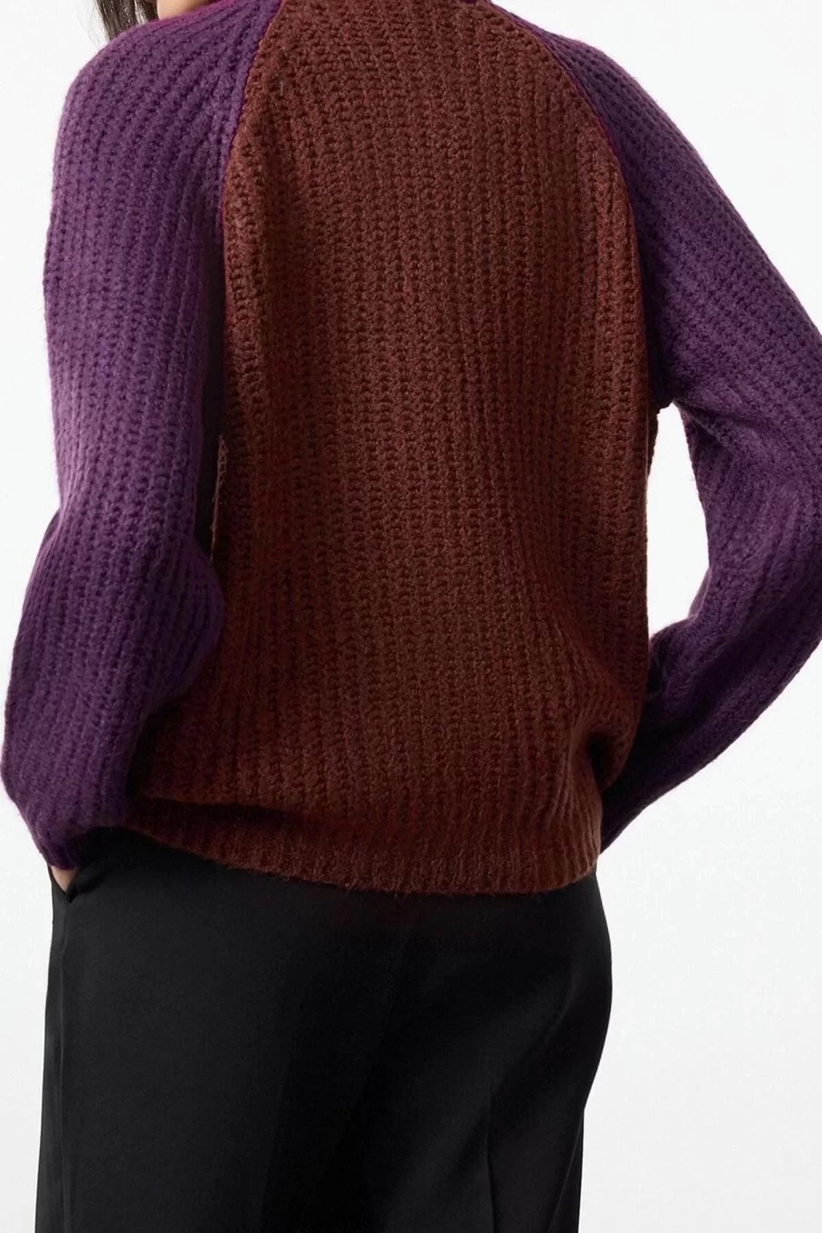 Women Fashion Stylish Stand Collar Standard Sleeve Regular Color Block Zippered Knitwear Sweater