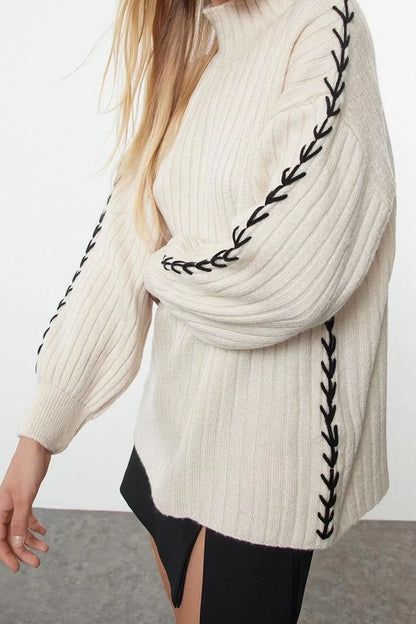 Women Fashion Stylish Stand Collar Standard Sleeve Regular Knitted Sweater