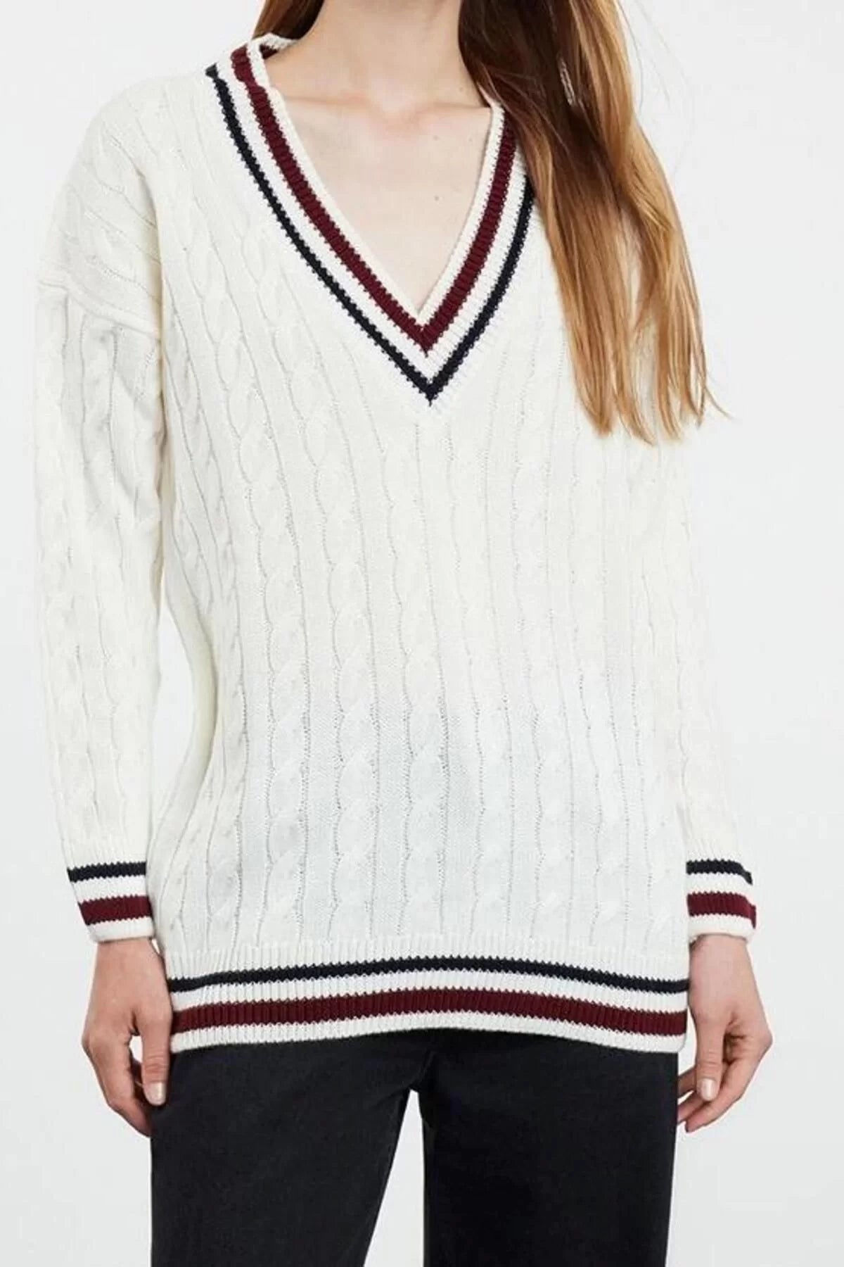 Women Fashion Stylish V Neck Standard Sleeve Regular Knitted Striped Sweater