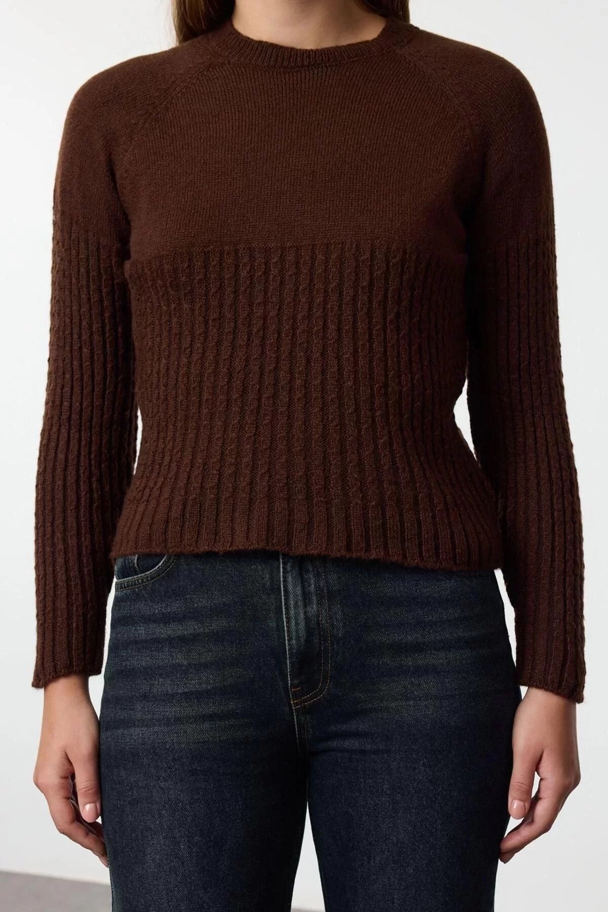 Women's Fashion Stylish Crew Neck Standard Sleeve Regular Soft Textured Knit Detailed Knitwear Sweater