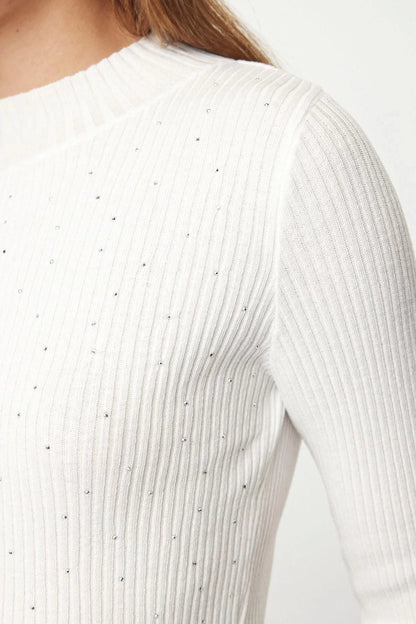 Women Fashion Stylish Stand Collar Standard Sleeve Regular Turtleneck Stone Detailed Knitwear Sweater