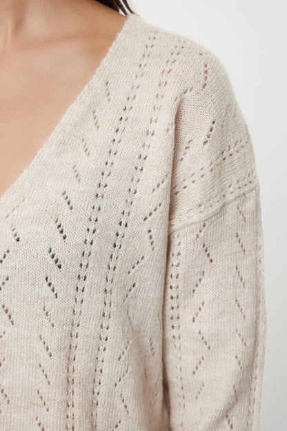 Women Fashion Stylish V Neck Standard Sleeve Regular Soft Texture Openwork Hole Knitwear Sweater