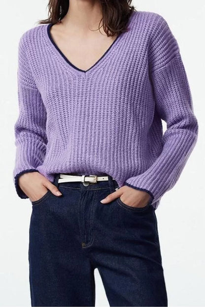 Women's Fashion Stylish V Neck Standard Sleeve Regular Soft Texture Wide Pattern Knitwear Sweater